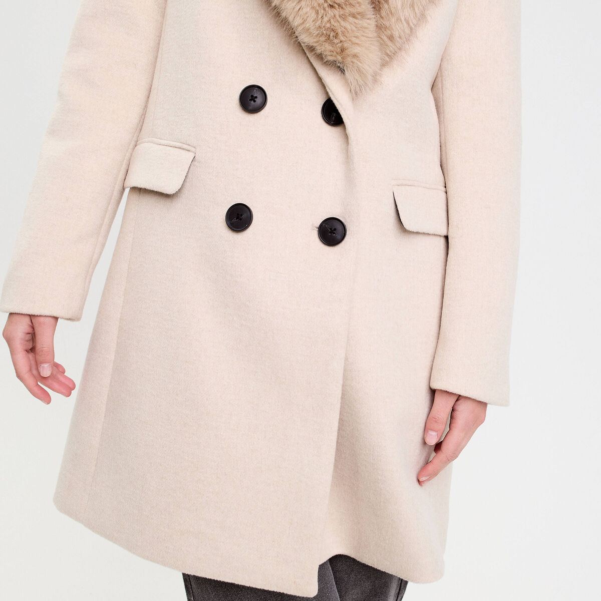 Manteau col fausse fourrure beige femme