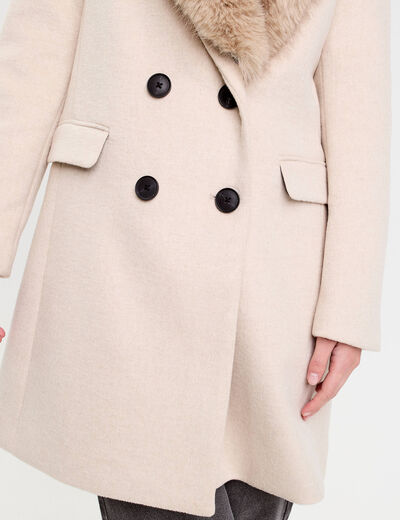 Manteau col fausse fourrure beige femme