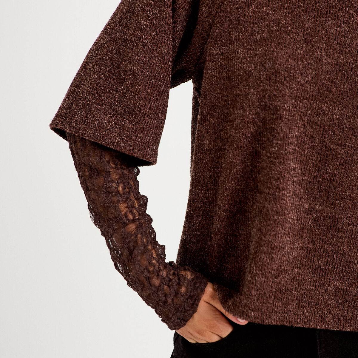 Top bi-mati&egrave;re dentelle col rond marron fonc&eacute; femme