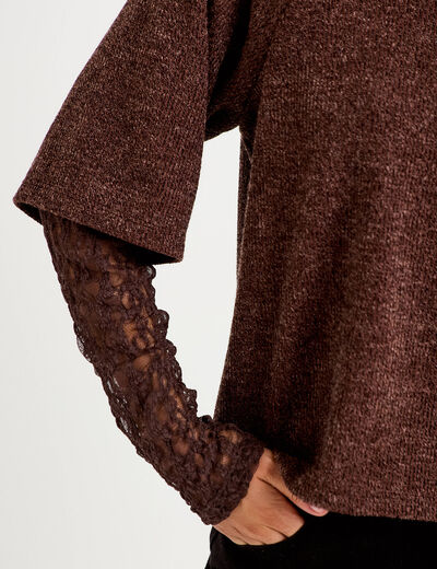 Top bi-mati&egrave;re dentelle col rond marron fonc&eacute; femme