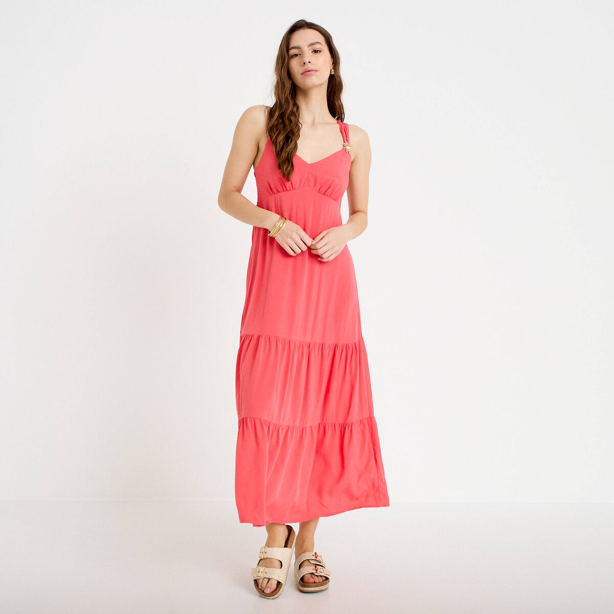 Robe &eacute;vas&eacute;e 3/4 col coeur bretelles rose femme