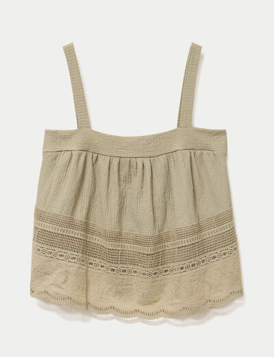 Top &agrave; bretelles broderie vert kaki femme