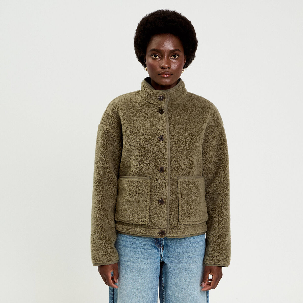 Veste droite courte effet polaire vert kaki femme