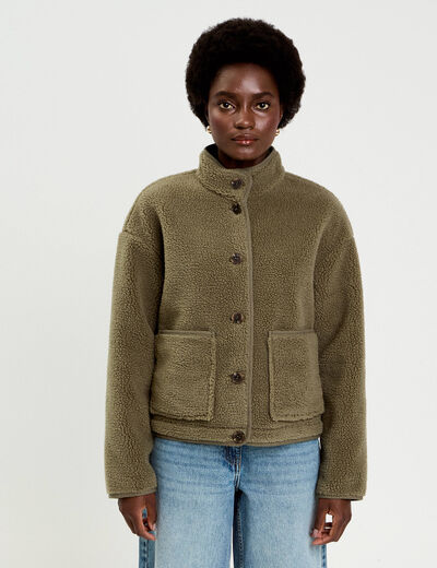 Veste droite courte effet polaire vert kaki femme