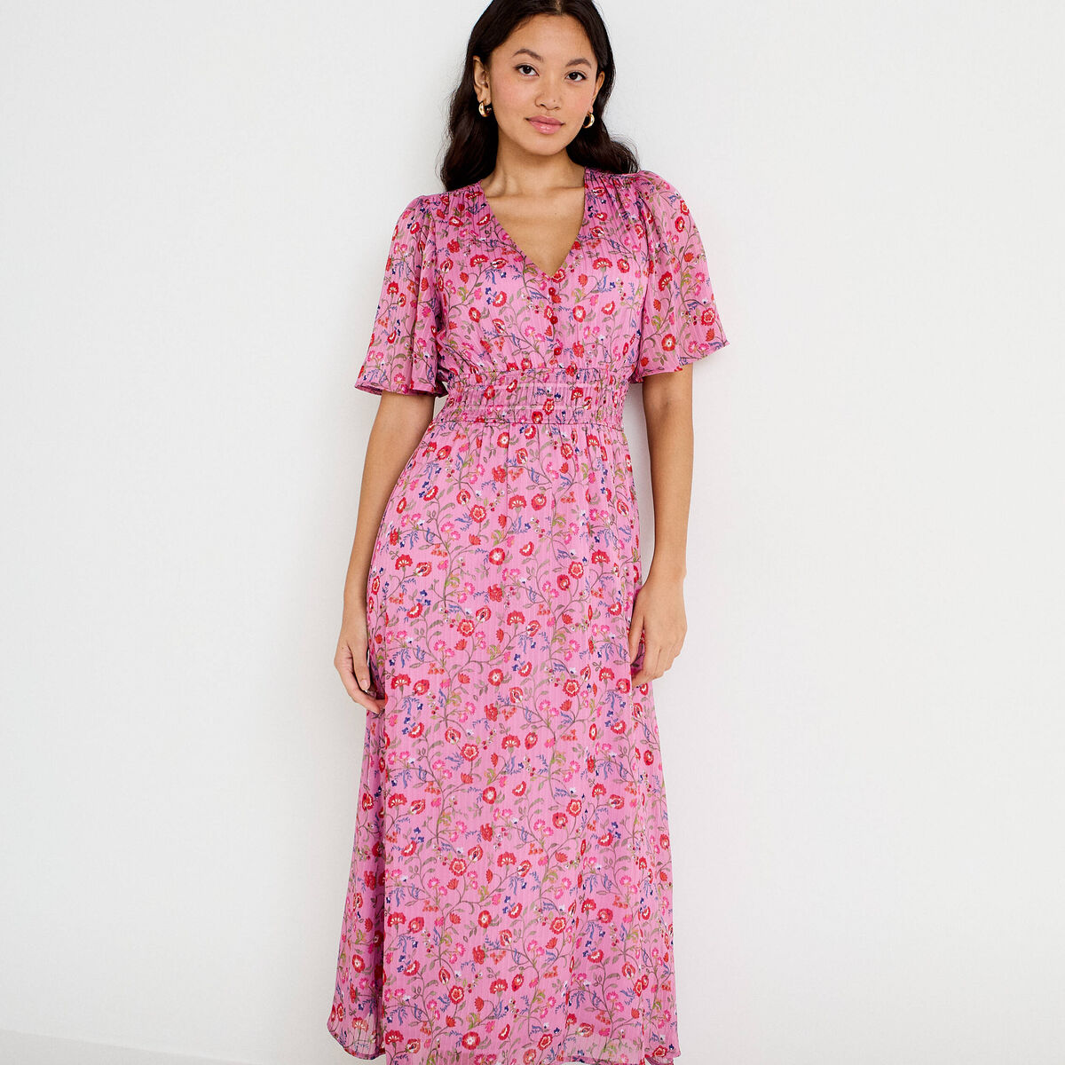 Robe longue &eacute;vas&eacute;e voile manches courtes rose femme