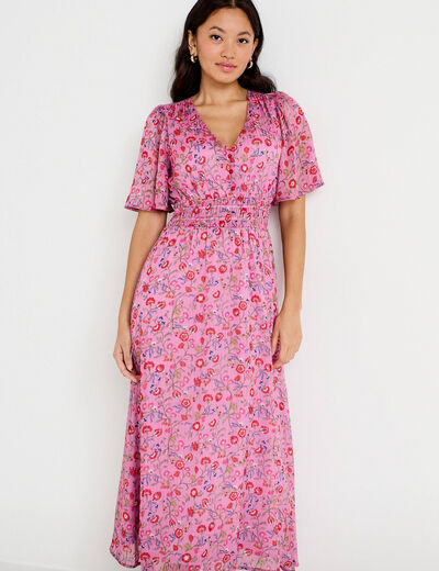 Robe longue &eacute;vas&eacute;e voile manches courtes rose femme