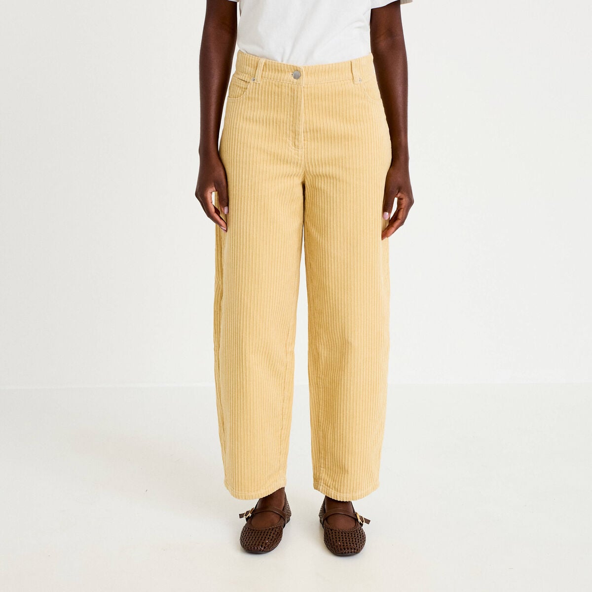 Pantalon large en velours jaune femme