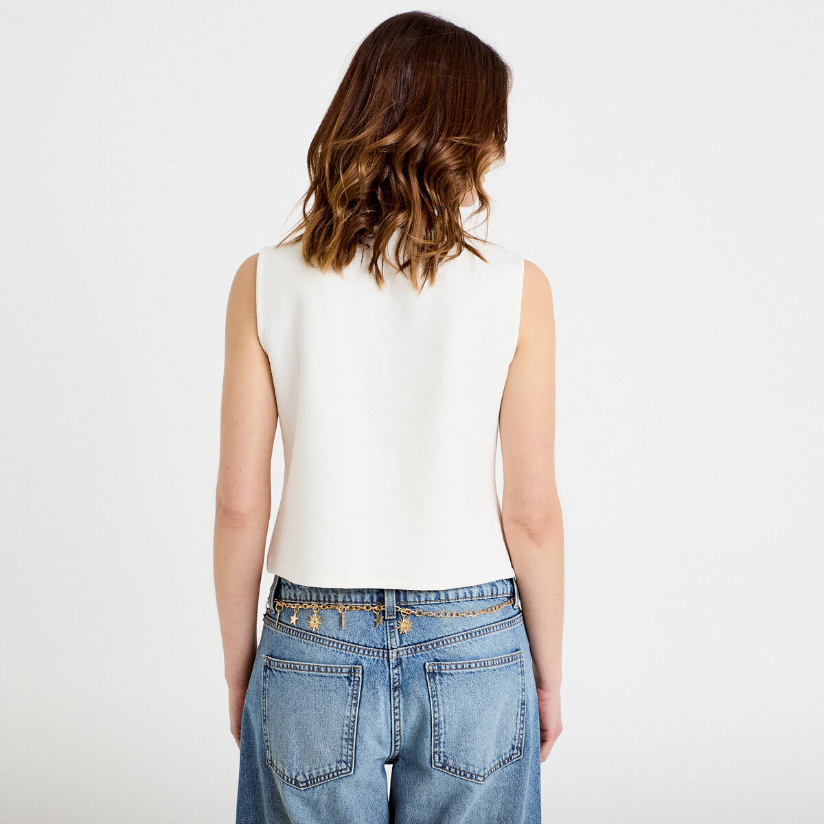 Gilet sans manches col rond ecru femme