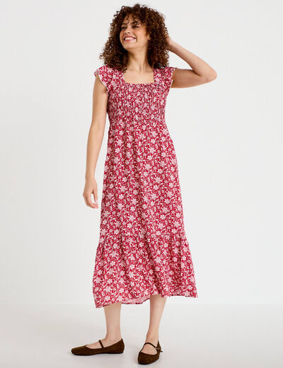 Robe longue &eacute;vas&eacute;e smock&eacute;e rouge femme