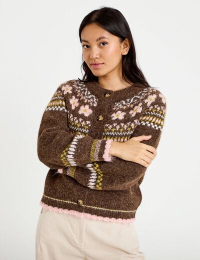 Gilet ample col rond manches longues marron fonc&eacute; femme