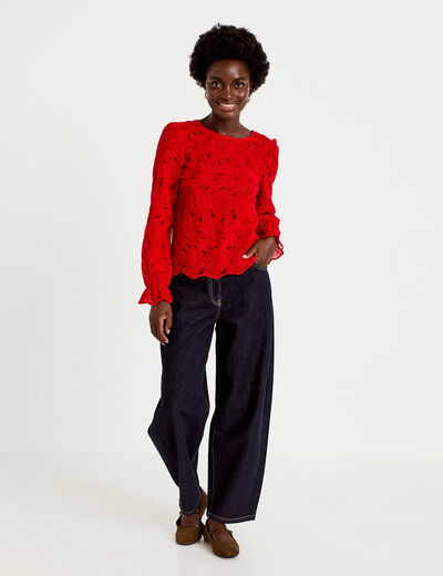 Blouse droite col v en dentelle rouge femme