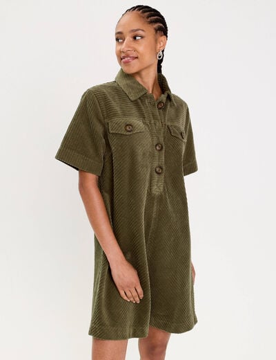 Robe courte droite en velours coton vert kaki femme
