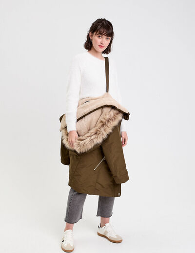Parka &agrave; capuche fausse fourrure vert kaki femme