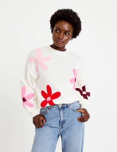 Pull oversize col rond manches longues ecru femme