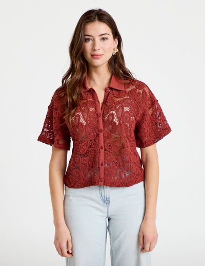 Chemise macram&eacute; manches courtes vieux rose femme