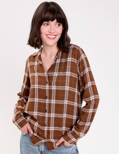 Chemise &agrave; carreaux fils m&eacute;tallis&eacute;s marron femme