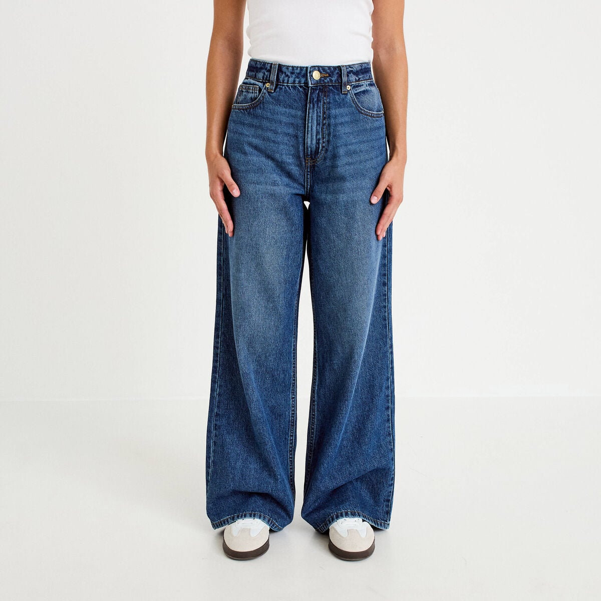 Jean wide leg taille haute Petite bleu fonc&eacute; femme