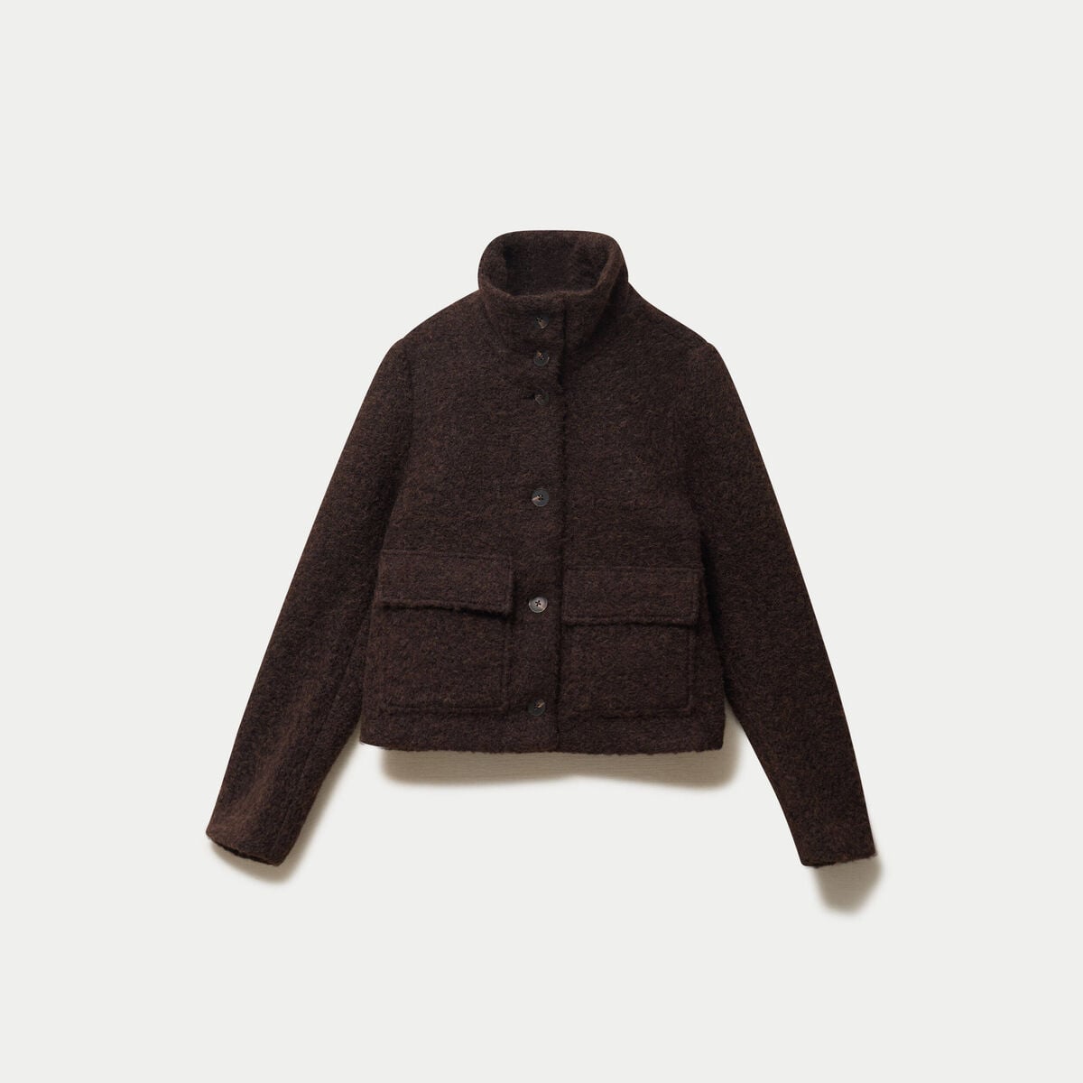 Veste droite bouclette col montant marron fonc&eacute; femme