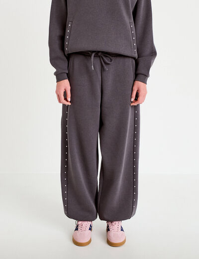 Jogging &agrave; d&eacute;tails clout&eacute;s taille basse gris fonc&eacute; femme