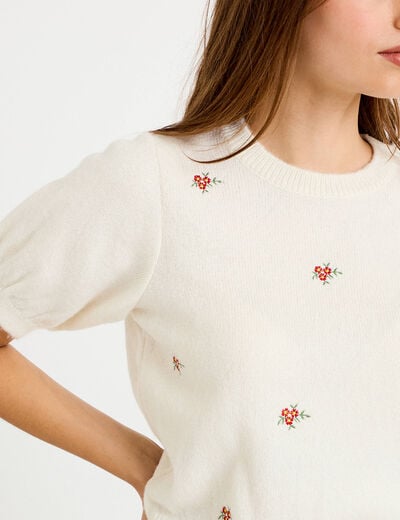 Pull col rond manches courtes brod&eacute; ecru femme