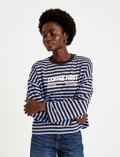 T-shirt col rond manches longues marron femme