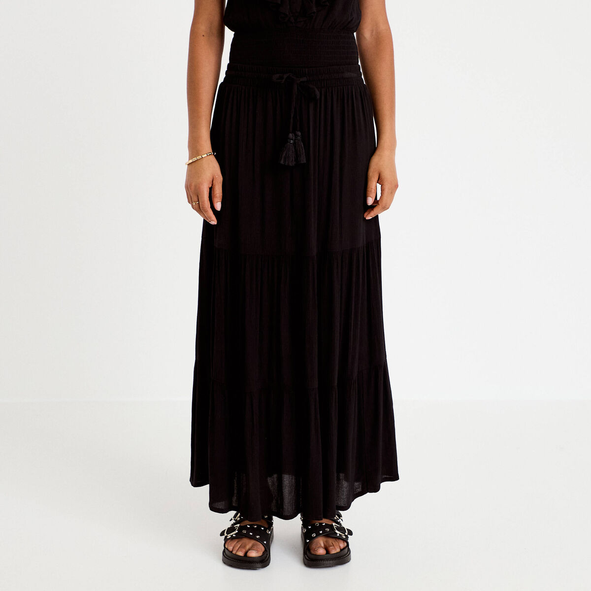 Jupe longue pliss&eacute;e &eacute;vas&eacute;e noir femme