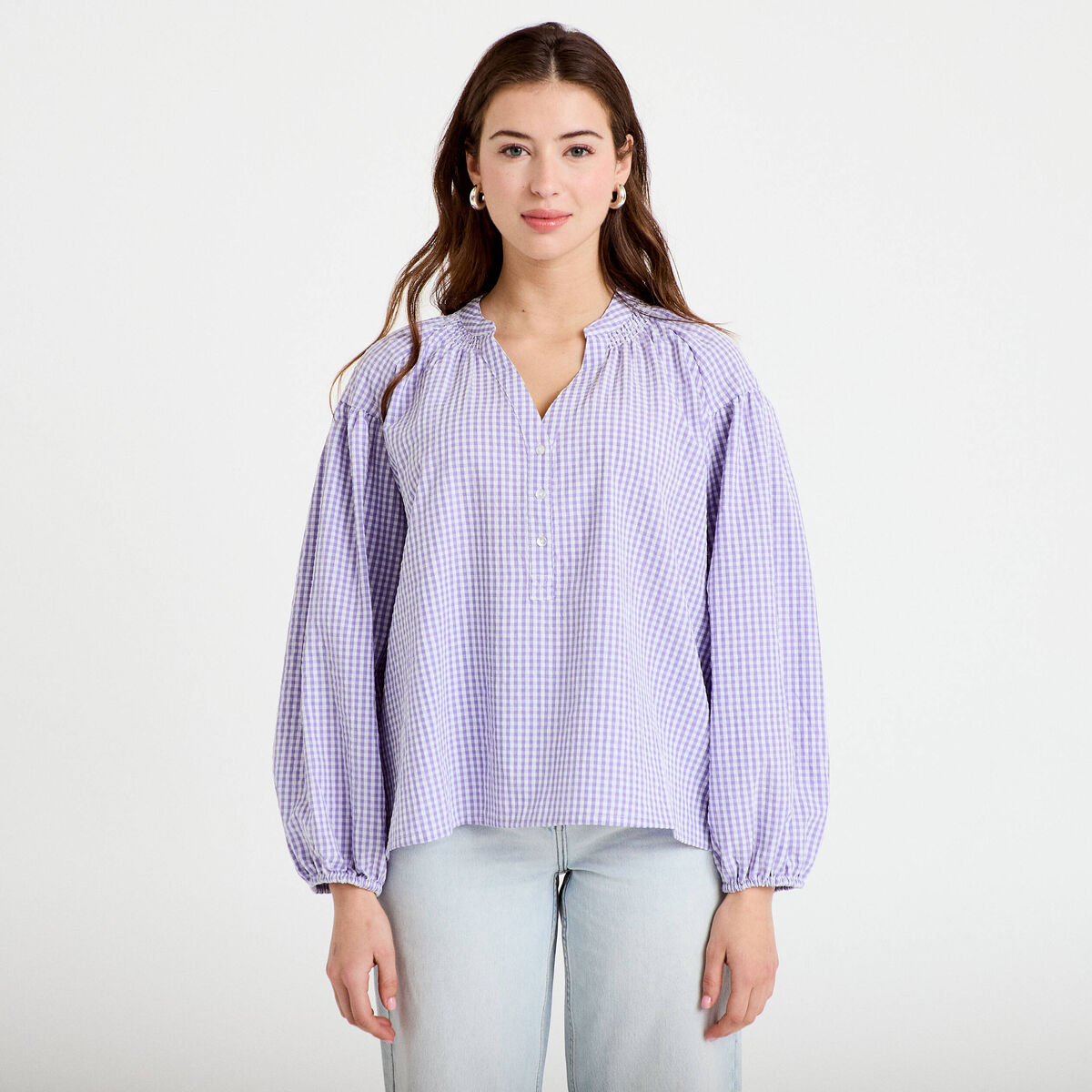 Blouse vichy brod&eacute;e violet femme
