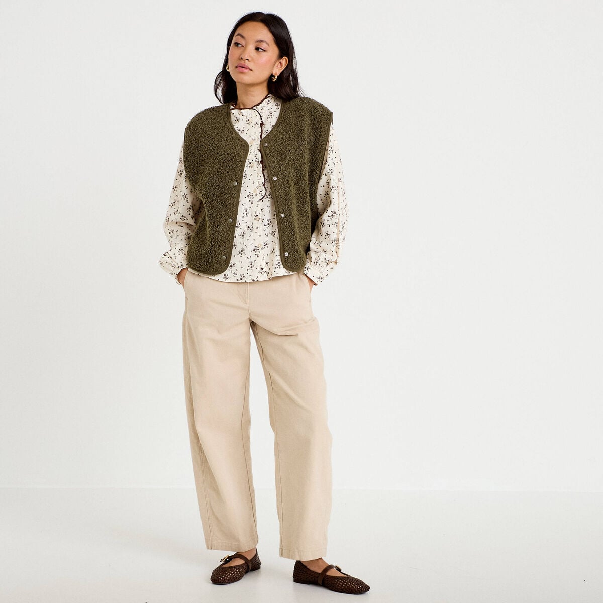 Gilet sans manches effet polaire vert kaki femme