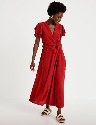 Robe longue &eacute;vas&eacute;e manches courtes orange fonc&eacute; femme
