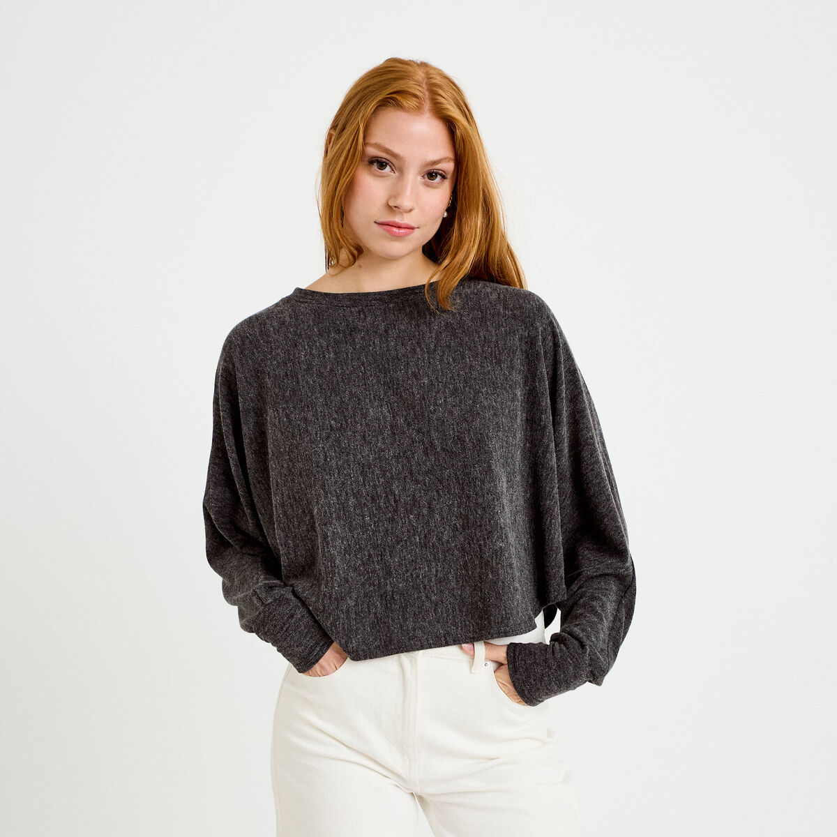 Cape boyfriend cropped col rond gris fonc&eacute; femme