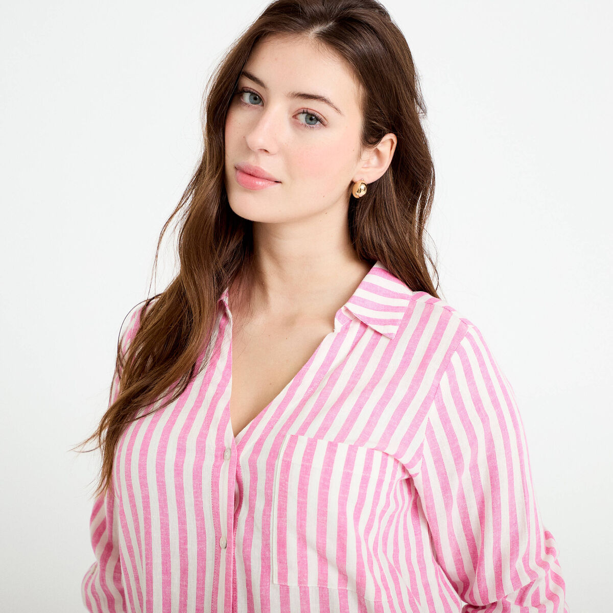 Chemise lin col V manches longues rose femme