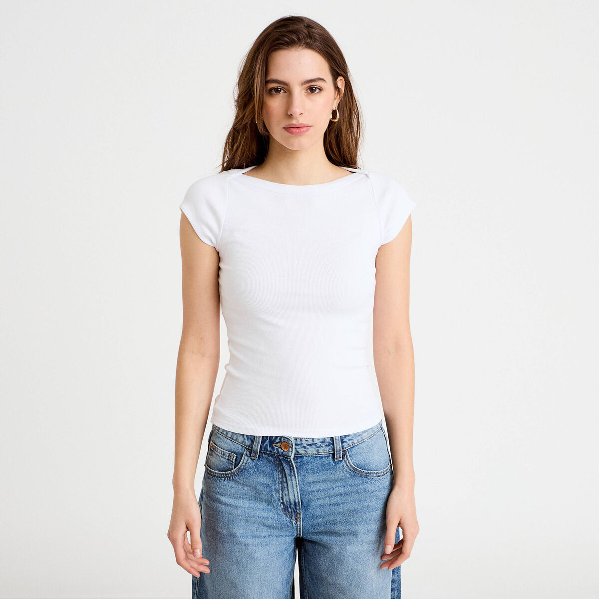 T-shirt cintr&eacute; col bateau blanc femme