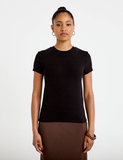 Top ajust&eacute; col rond manches courtes noir femme