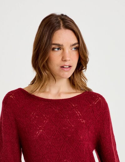 Pull ajour&eacute; col bateau manches longues rouge fonc&eacute; femme