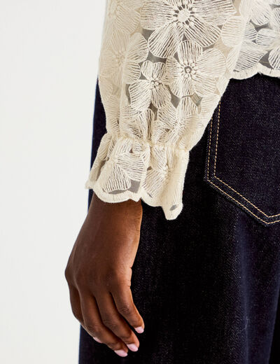 Blouse droite col v en dentelle ecru femme