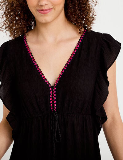 Robe &eacute;vas&eacute;e cr&ecirc;pe col v manches courtes noir femme