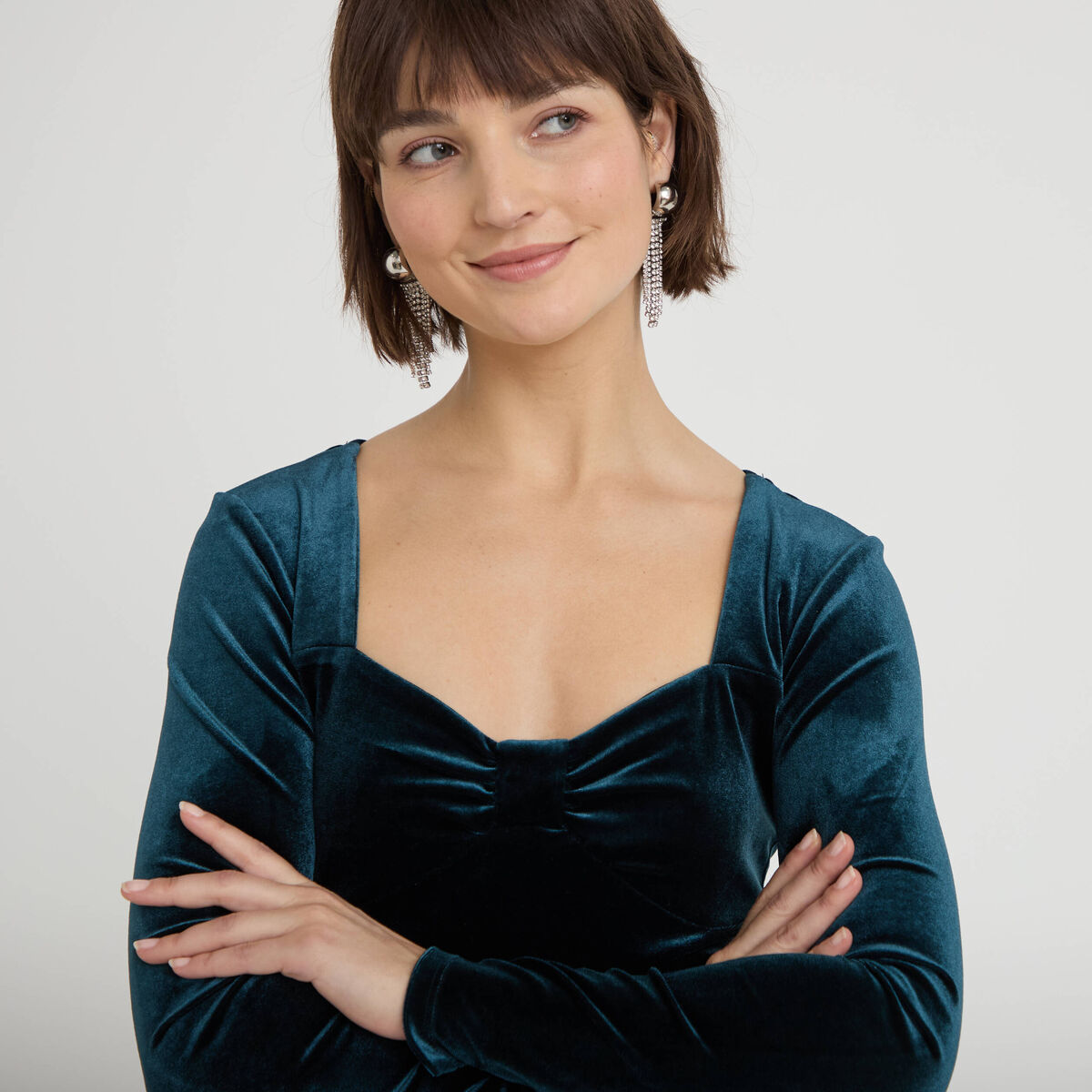 Top ajust&eacute; velours bleu canard femme