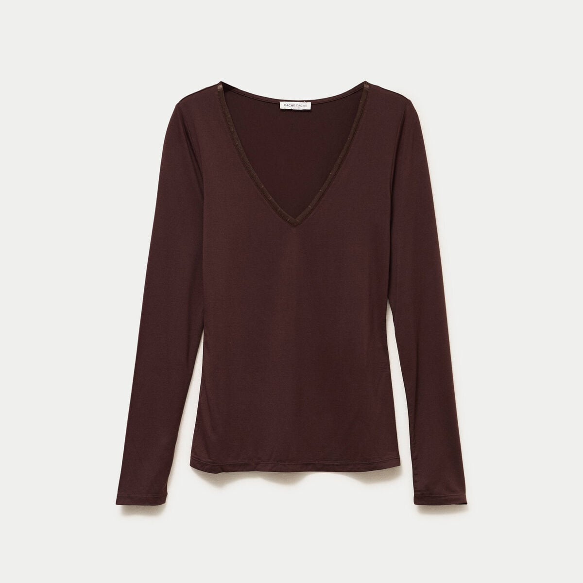 T-shirt thermique col en V plumetis marron fonc&eacute; femme