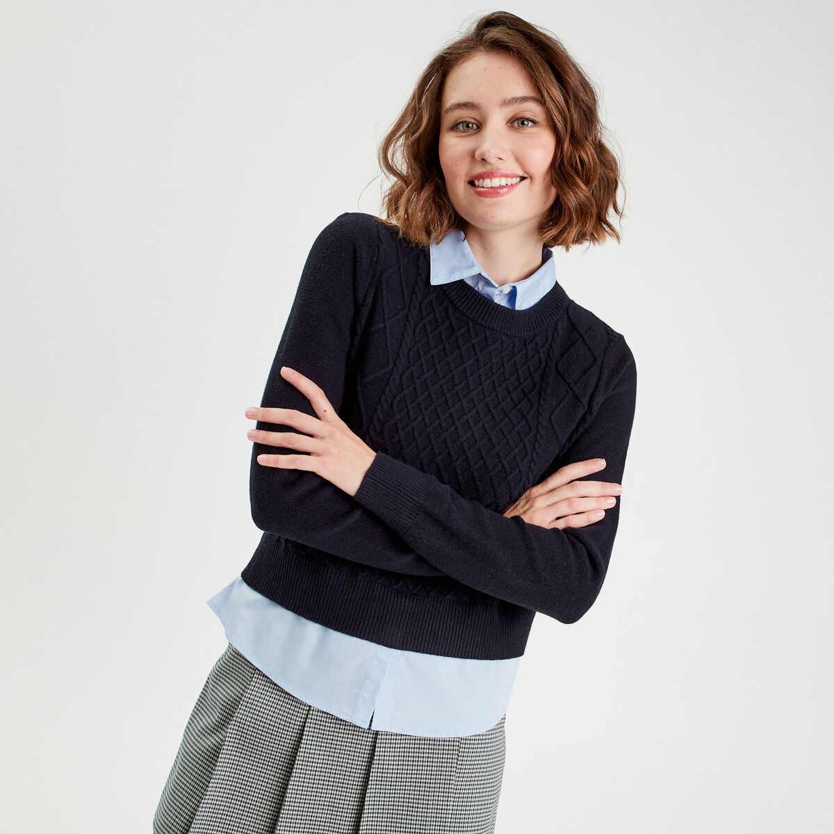 Pull chemise 2-en-1 bleu marine femme