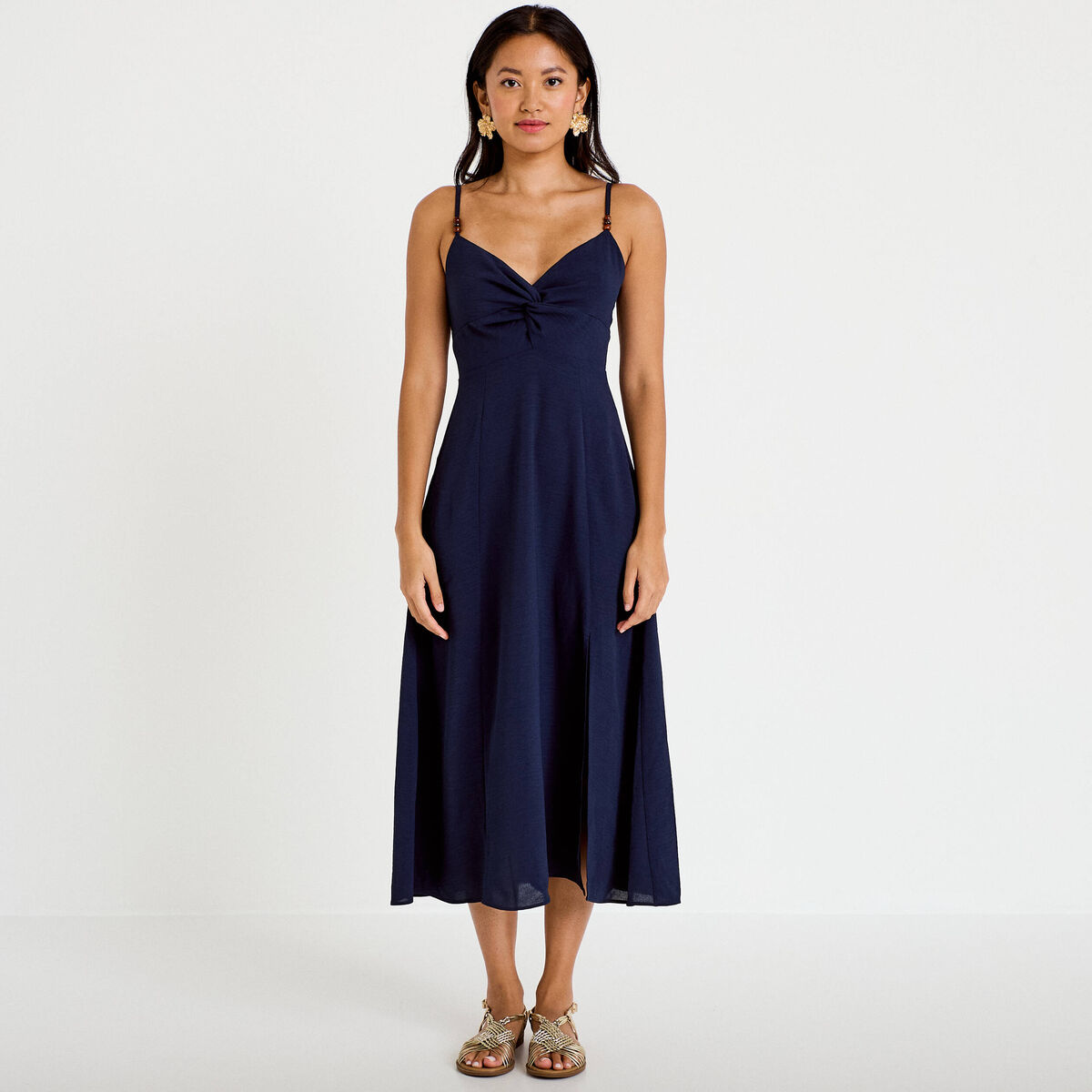 Robe longue &eacute;vas&eacute;e fendue bleu marine femme