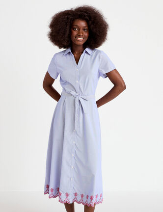 Robe longu&eacute; brod&eacute;e manches courtes bleu roi femme