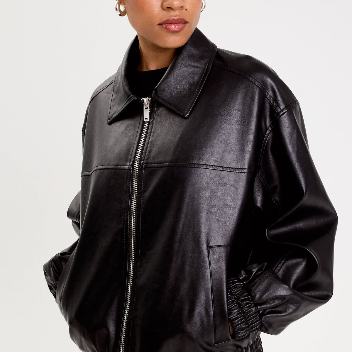 Bomber oversize similicuir col chemise noir femme