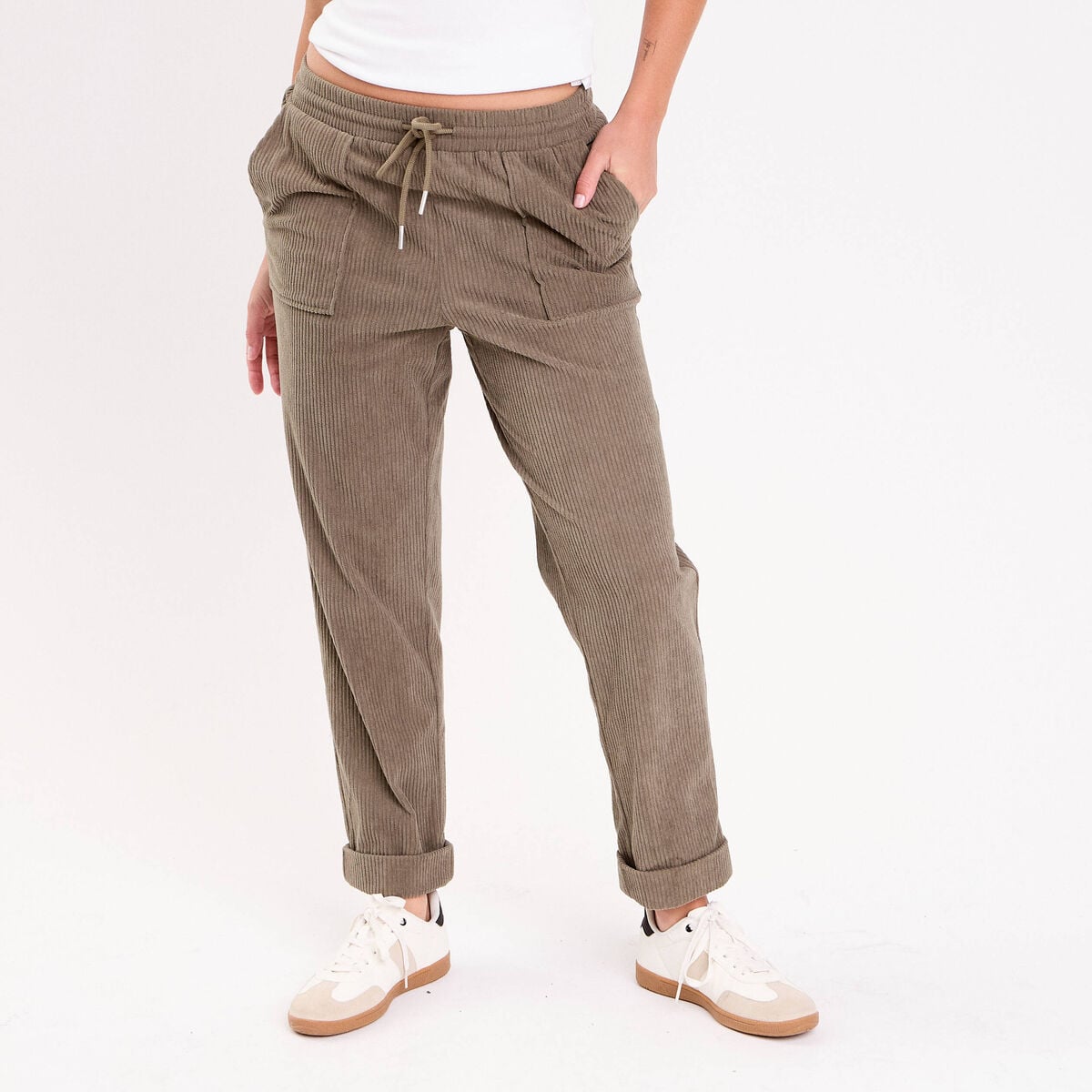 Pantalon jogging velours vert kaki femme