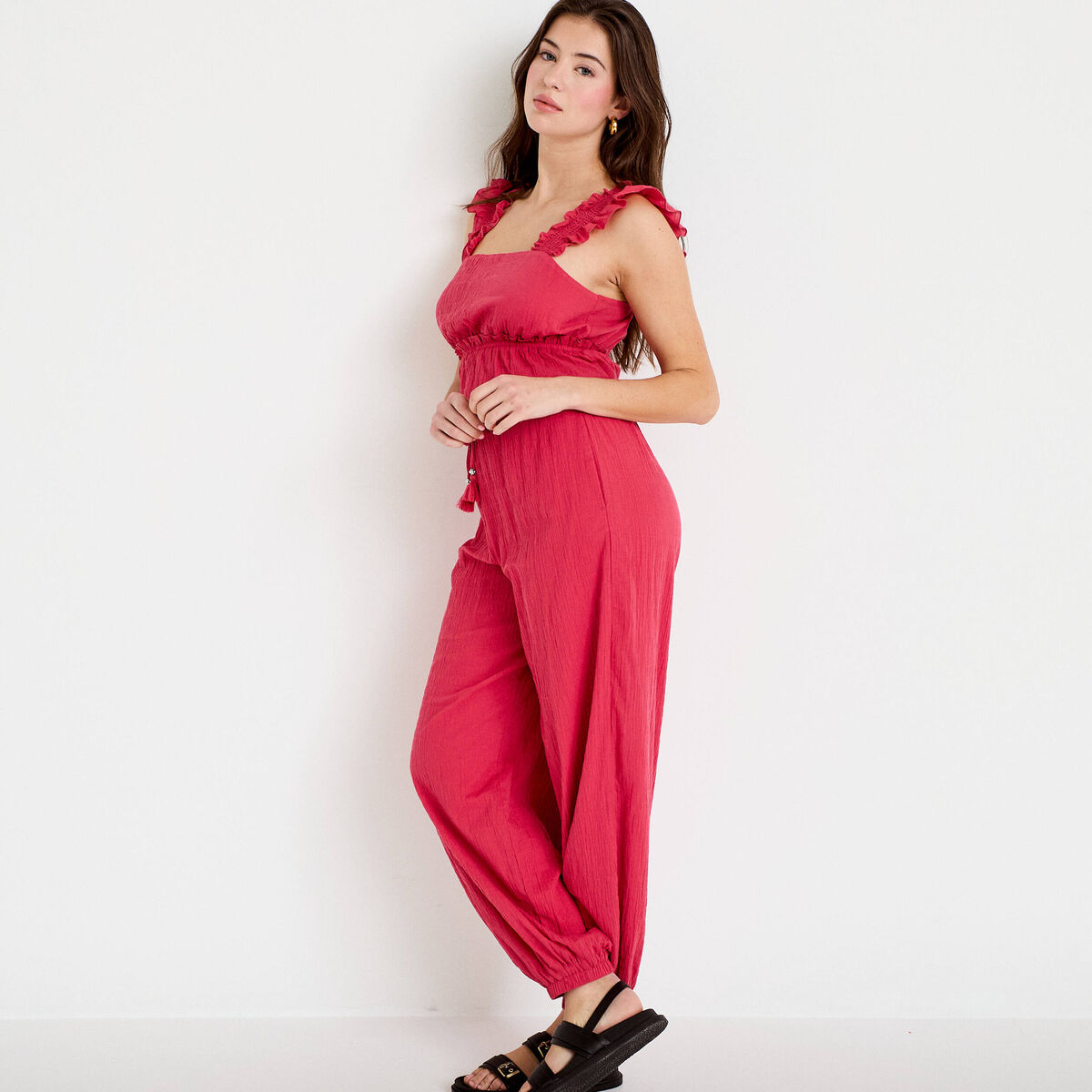 Pantalon large taille haute pliss&eacute; rose framboise femme