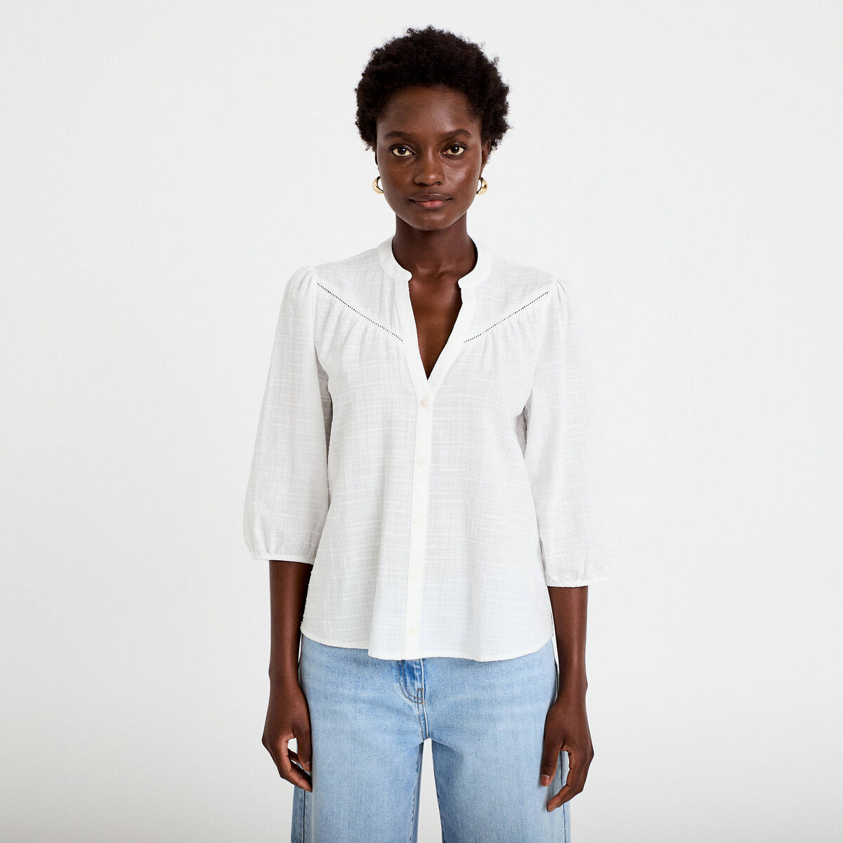 Blouse ample col v manches 3/4 ecru femme
