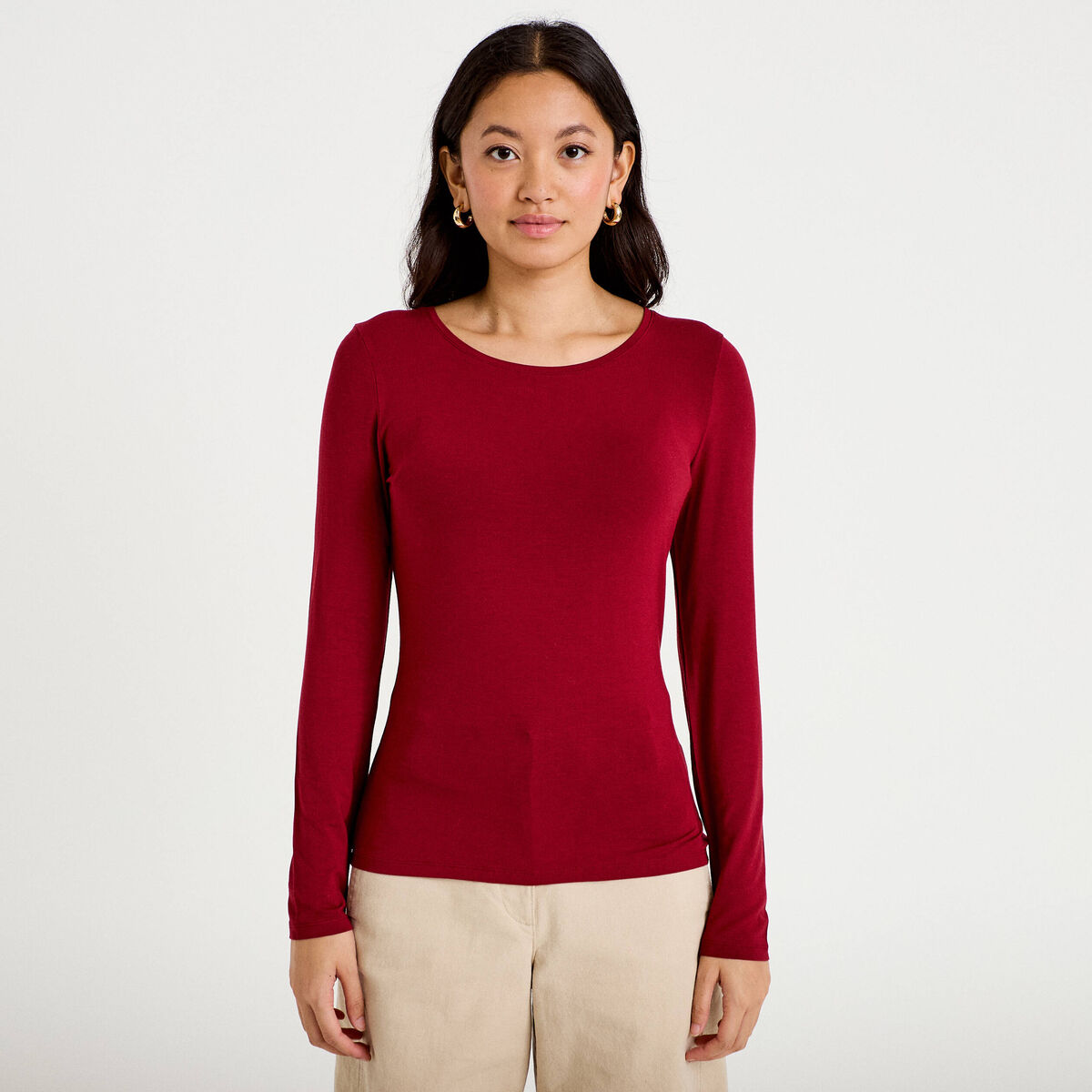 T-shirt uni &agrave; manches longues rouge femme