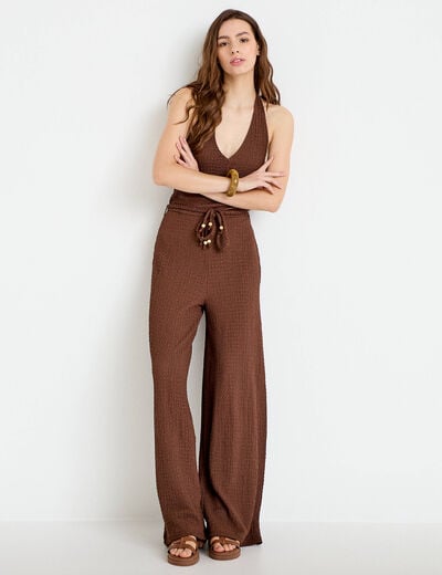 Combinaison large sans manches col v marron femme