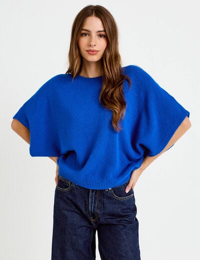 Pull oversize col rond manches courtes bleu electrique femme
