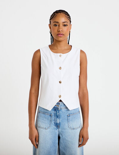 Gilet jean cintr&eacute; cropped sans manches blanc femme