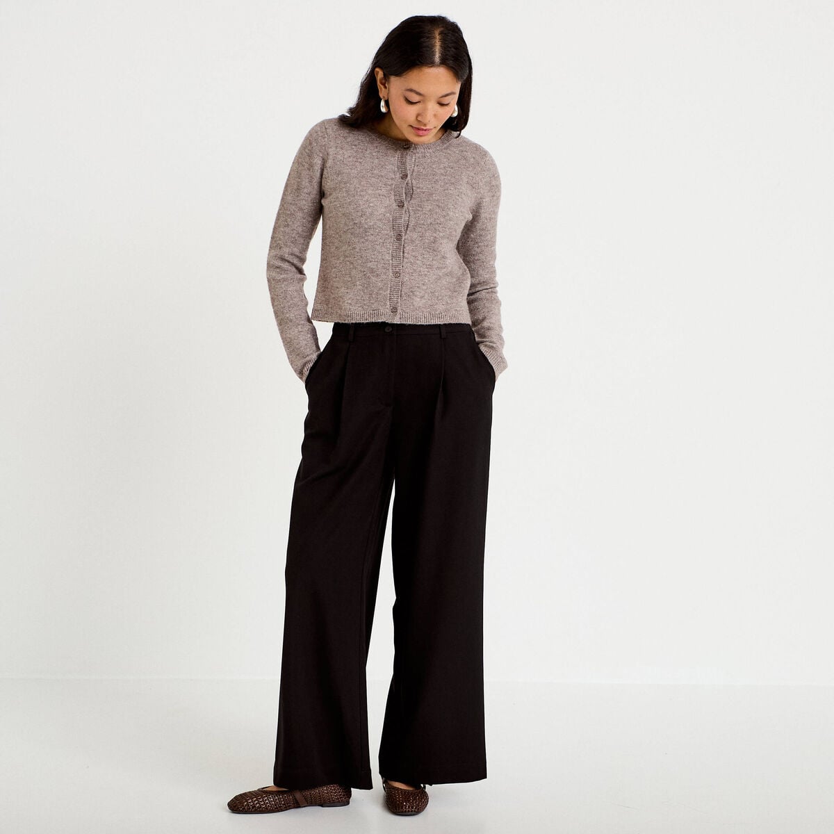 Pantalon large taille haute noir femme